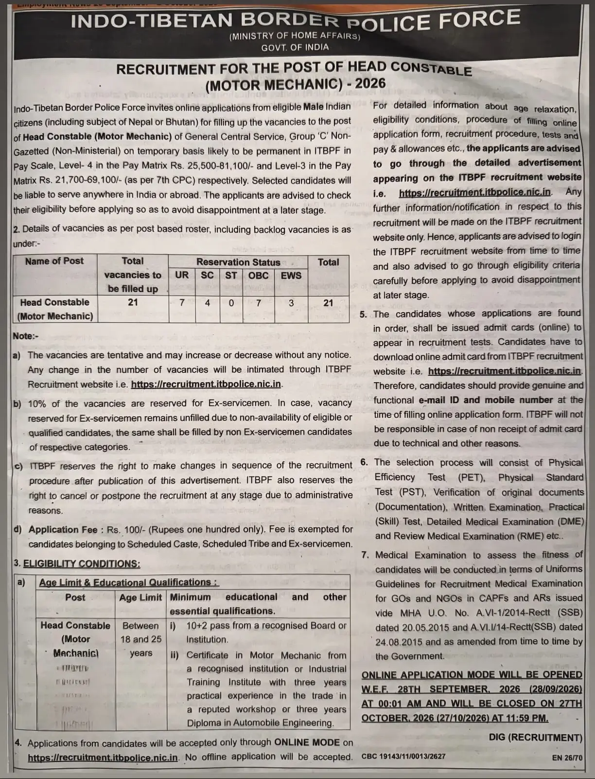 ITBP Head Constable Notification