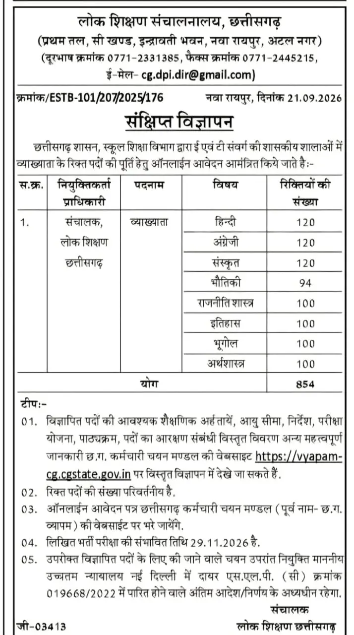 CG Vyapam Lecturer Notification