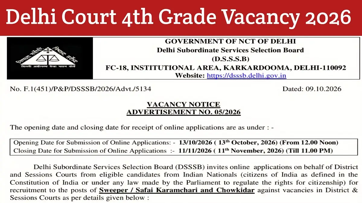 Delhi Court 4th Grade Vacancy 2026 Notification Release for 25 Posts