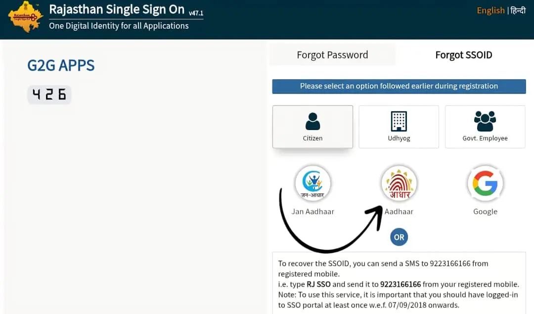 Rajasthan SSO portal Forgot SSO ID screen selecting Jan Aadhaar option