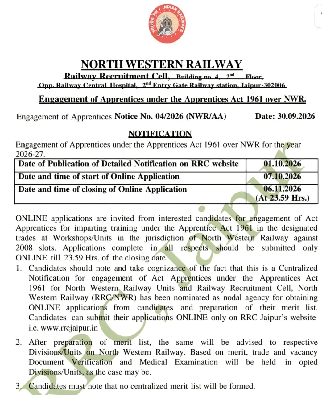 RRC NWR Notification 2026