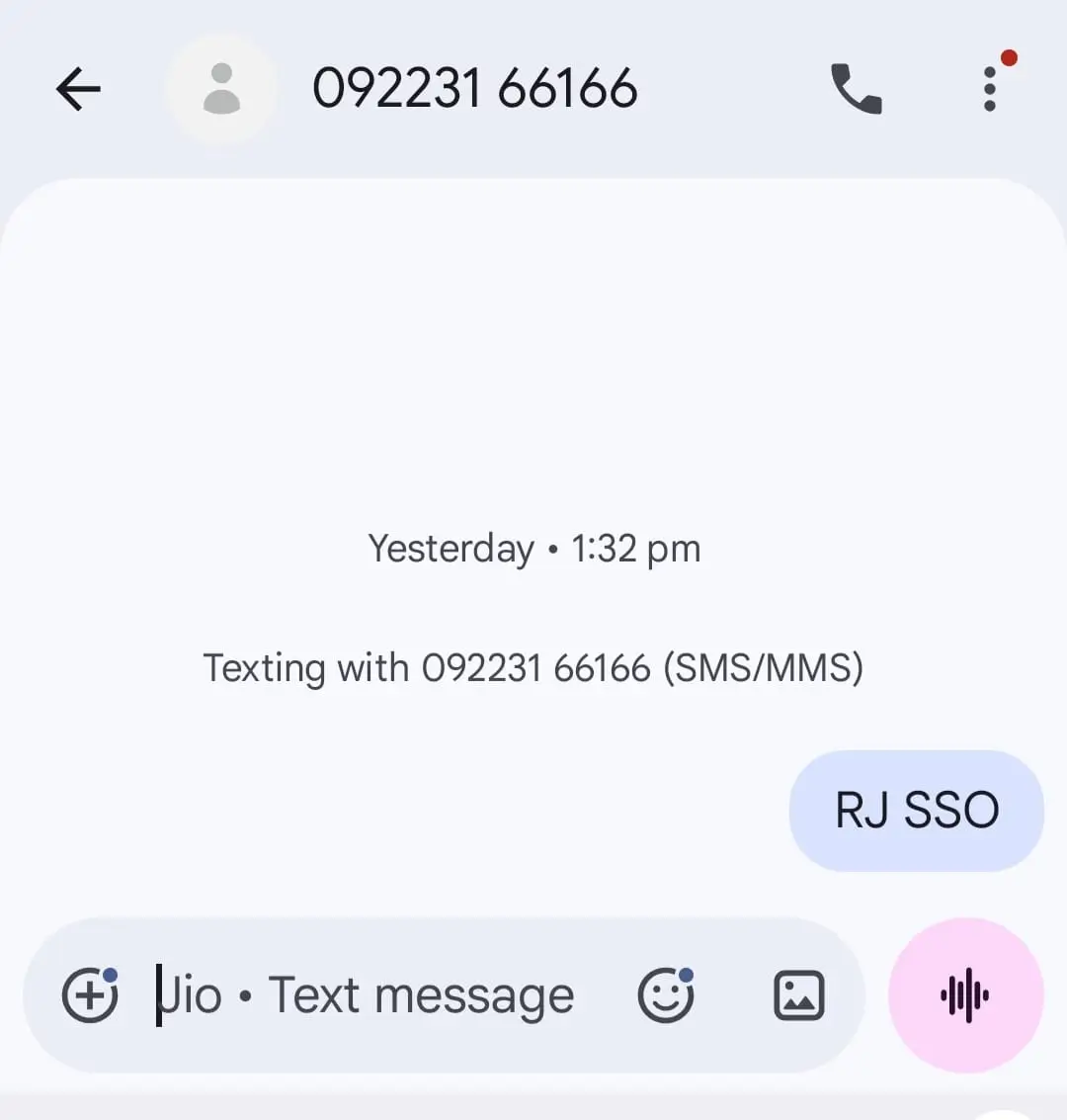 SMS sent RJ SSO to 9223166166 for SSO ID Recovery